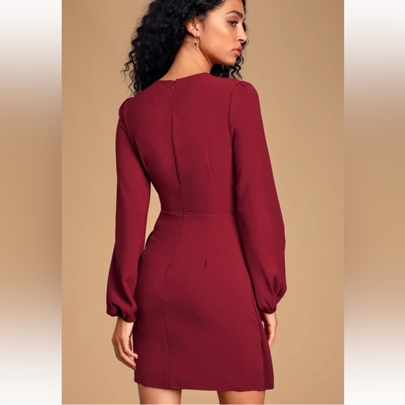 NWT Lulu’s Believe It or Knot Wine Red Long Sleeve Tie-Front Skater Dress - Picture 3 of 7